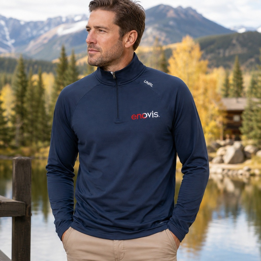 UNRL Men's XS Navy Interlock Quarter Zip Enovis Logo Athletic Fit Pullover NWT